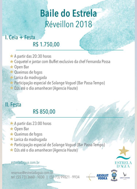 Cartaz   Pousada Estrela d'gua - Estrada Arraial d'Ajuda-Trancoso, 1100, Domingo 31 de Dezembro de 2017