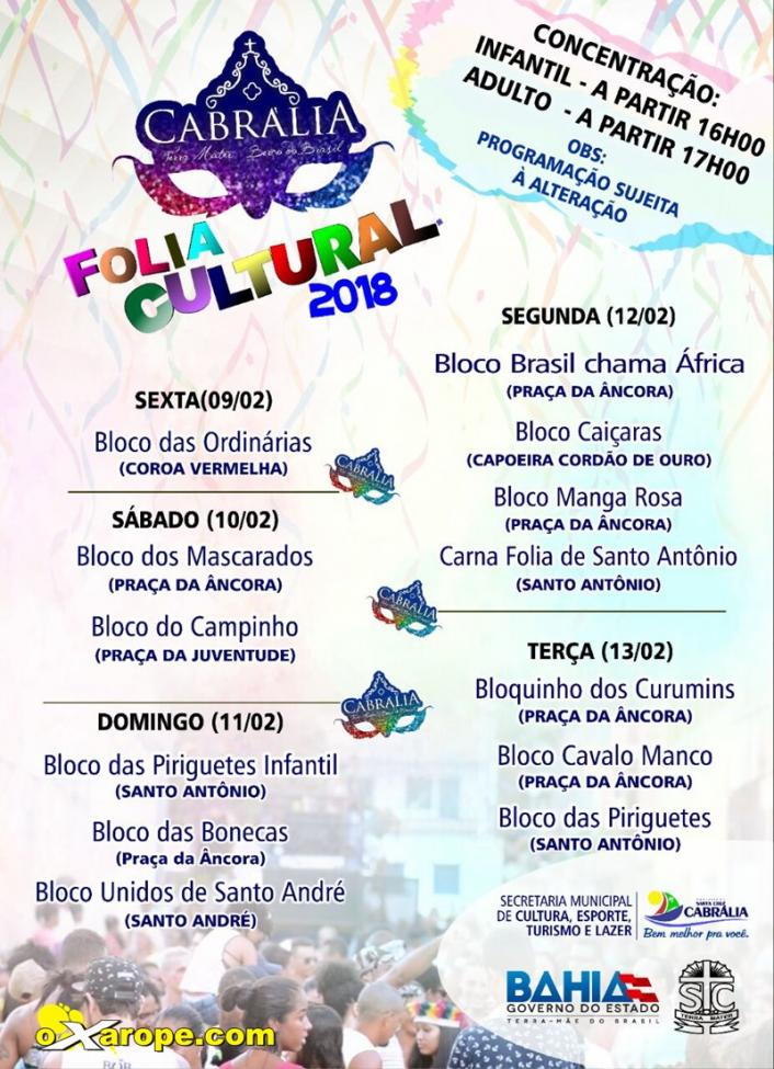Cartaz   Carnaval Cultural de Sta Cruz Cabrlia - Praa da Juventude, Sábado 10 de Fevereiro de 2018