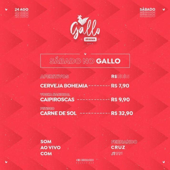 Cartaz   Gallo Music Bar - Rua 2 de julho, 20B - Casa da Lenha, Sábado 24 de Agosto de 2019